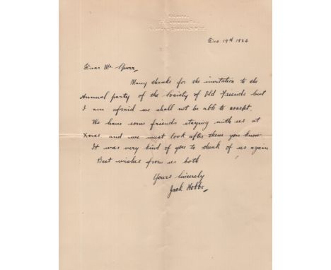 CRICKET: Jack Hobbs (1882-1963) English Cricketer. A.L.S., Jack Hobbs, one page, small 4to, Clapham Common, 19th December 192