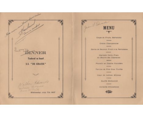 WILDER THORNTON: (1897-1975) American Playwright &amp; Novelist, Pulitzer Prize winner. A printed 4to dinner menu from the Fr