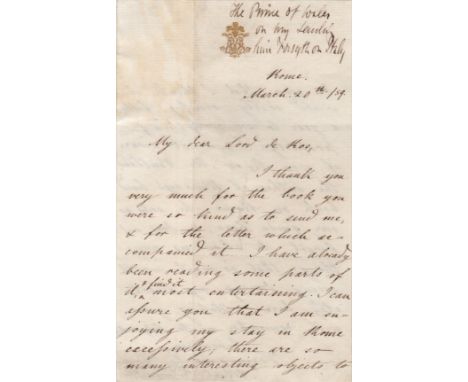 EDWARD VII: (1841-1910) King of the United Kingdom 1901-10. A.L.S., Albert Edward, as Prince of Wales, two pages, 8vo, Rome, 