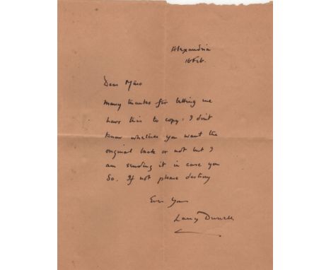 DURRELL LAWRENCE: (1912-1990) British Novelist. A.L.S., Larry Durrell, one page, 4to, Alexandria, 16th February n.y. (early-m