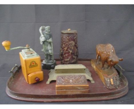 An assortment of items including a carved wooden Bison, C A Lehnartz, Stahl  Mahlwerk coffee grinder, a brass stamp box, a sm