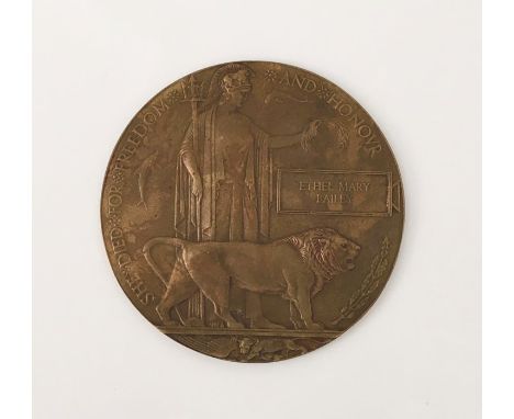 A rare WWI female death penny/memorial plaque named to Ethel Mary Bailey ( She Died For Freedom And Honour).Emily Mary Bailey