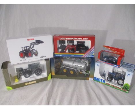 A collection of five boxed farming related die-cast models including a Universal Hobbies Joskin Volumetra Tanker, Universal H
