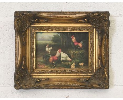 A small oleograph depicting chickens in a farmyard signed Hunt
