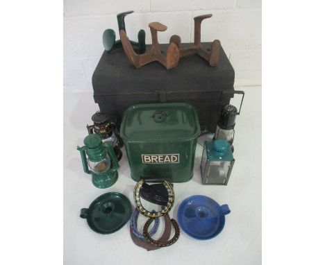 A tin trunk containing various "barge" ware, metal ware etc.