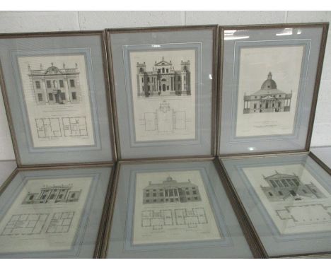 A set of six framed architectural prints of engravings by Henry Hulfbergh for Colen Campbells Vitruvius Britannicus. Includes