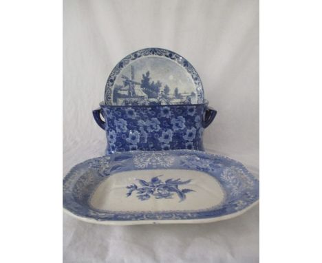 A Victorian style footbath along with a Spode "Camilla" meat plate and a Delft charger