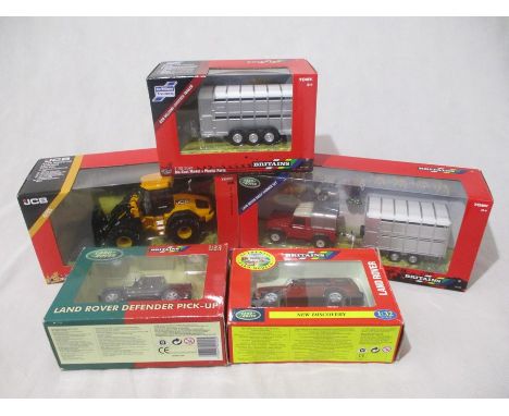 A collection of five boxed Britains die-cast models including a Land Rover Sheep Farmer Set, JCB 4195 Wheeled Loading Shovel,