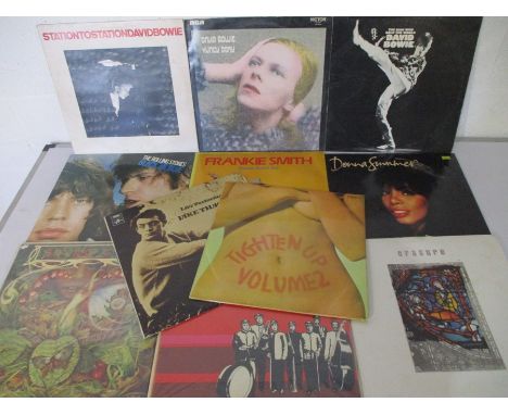 A small collection of 12" vinyl records including three albums by David Bowie (Hunky Dory, Station To Station, The Man Who So