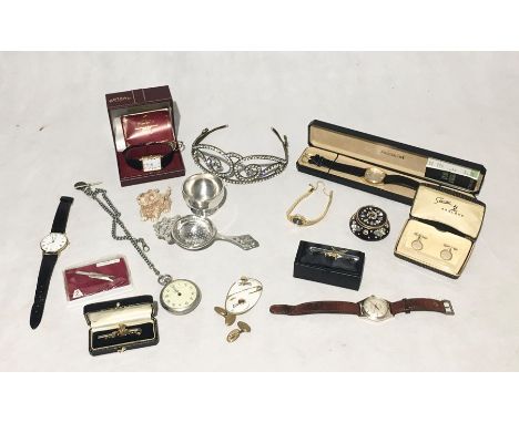 A collection of costume jewellery, watches etc. including a tie clip in the form of a cricket bat, cufflinks, Accurist, Rotar