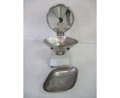 A vintage set of enamelled shop weighing scales