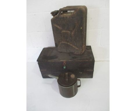 A Jerry can with broad arrow stamp, oil can and a tool box