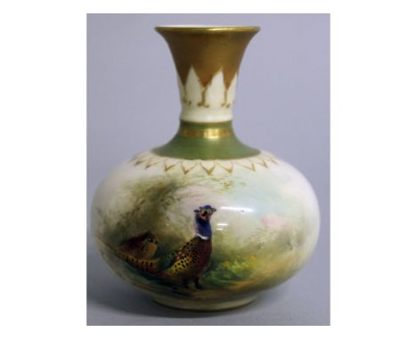 A ROYAL WORCESTER VASE of bulbous form and short neck painted with a brace of pheasant by James Stinton, date code for 1919.