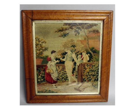 A BRUSSELS FRAMED TAPESTRY, figures by a gate.  18ins x 16ins.