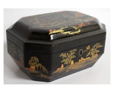 A JAPANESE BLACK LACQUER TEA CADDY with two pewter canisters and covers.  9.5ins wide.