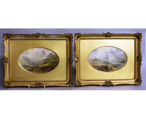 A GOOD PAIR OF ROYAL WORCESTER OVAL UPRIGHT PORCELAIN PLAQUES, painted by JOHN STINTON, Highland scene with cattle.  Signed. 