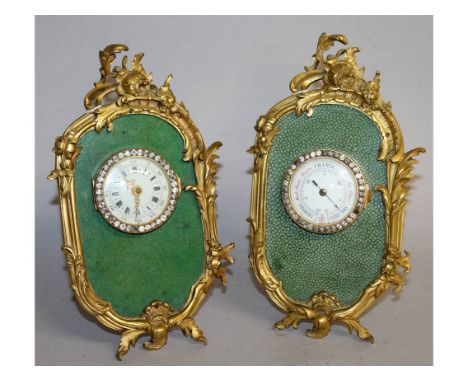 A VERY GOOD PAIR OF LINKE QUALITY ORMOLU AND SHAGREEN FRONT AND BACK EASEL CLOCK AND BAROMETER, the ormolu frame with scrolls