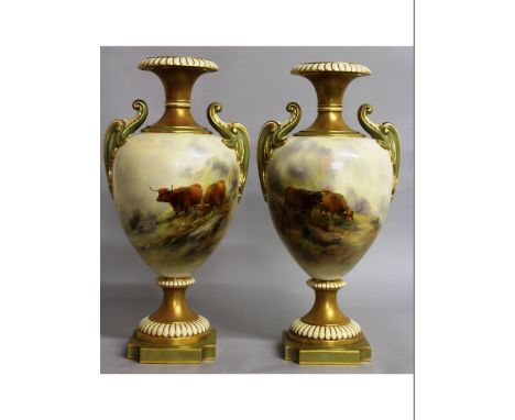 A SUPERB PAIR OF ROYAL WORCESTER URN SHAPED TWO HANDLED URN SHAPED VASES, painted with Highland cattle in a landscape by JOHN