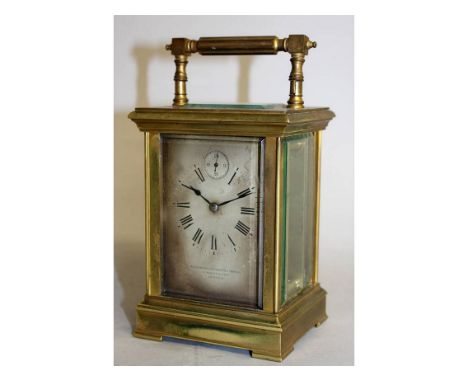 A GOOD 19TH CENTURY FRENCH BRASS CARRIAGE CLOCK "Goldsmiths & Silversmiths Co., London". 6ins high.