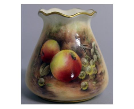 A ROYAL WORCESTER FINE VASE with pie rim painted with ripening fruit by P. Love, signed, date code for 1952.