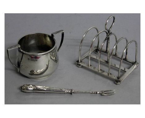 A SMALL TWO HANDLED BOWL, Sheffield 1900, a TOAST RACK, Sheffield 1923 and a FORK (3).
