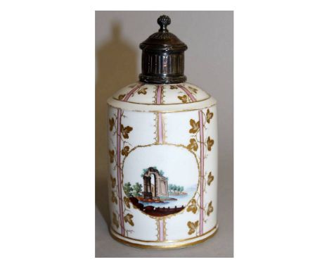 AN 18TH CENTURY HORCH DRUM SHAPED PORCELAIN CADDY painted with reverse landscape ovals, and gilt vine decoration with a silve