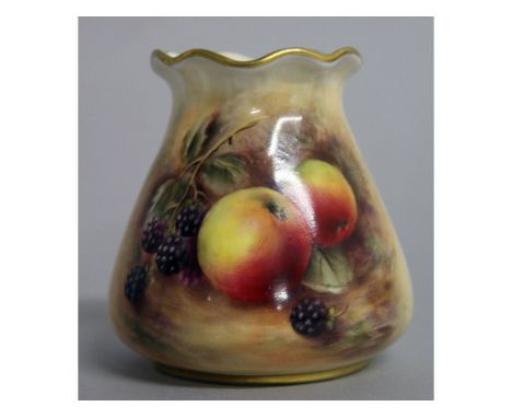 A ROYAL WORCESTER FINE VASE with pie rim painted with ripening fruit by P. Love, signed, date code for 1952.