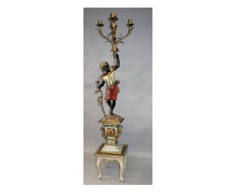 A GOOD CARVED, GILDED AND POLYCHROME DECORATED FLOOR STANDING LAMP, modelled as a Blackamoor figure holding aloft a five ligh