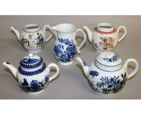 Two 18th century Worcester teapots, an under-glaze blue one with cover and an Oriental figure example, and two coloured Orien