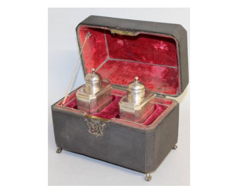 A RARE PAIR OF GEORGE I TEA CANISTERS of rectangular form, with sliding top, London 1718, Maker: John Farnell, contained in a
