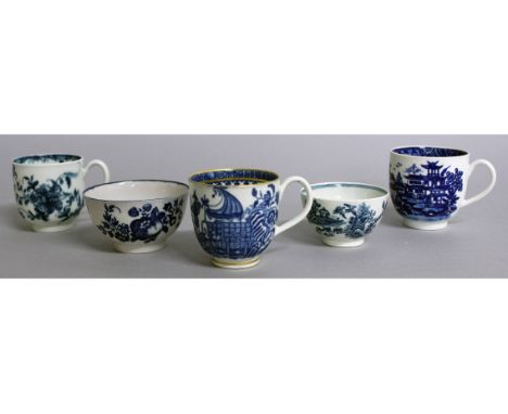 AN 18TH CENTURY WORCESTER PORCELAIN SELECTION: Mansfield coffee cup, workman's mark, a Bandstand and Fisherman coffee cup and