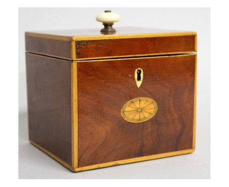 A GEORGIAN MAHOGANY INLAID TEA CADDY with satinwood stringing and fan motif.  5ins wide.