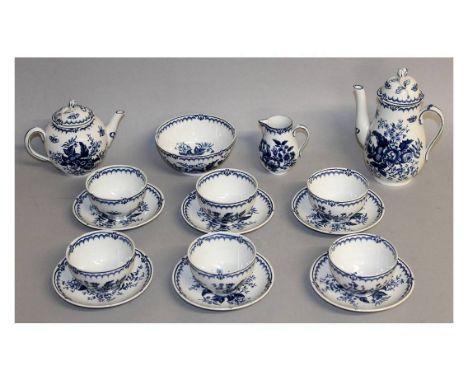 A WORCESTER BLUE AND WHITE TEA SET, comprising teapot, hot water jug, jug, six tea bowls and saucers and slop bowl (16).