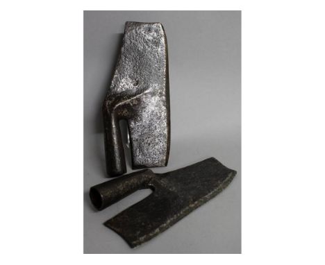 TWO EARLY FORGED METAL AXE BLADES. 13ins and 12ins long.