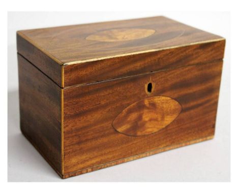 A GEORGIAN MAHOGANY INLAID TEA CADDY with satinwood stringing and ovals, with tea compartments and covers.  8ins wide.