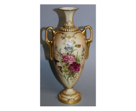 A ROYAL WORCESTER LARGE BLUSH IVORY TWO HANDLED VASE decorated in the style of Edward Raby with flowers, date code for 1901.