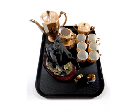 A tray containing Juliana Collection figure of a rearing stallion, Japanese export coffee china, hand bell, miniature mantel 