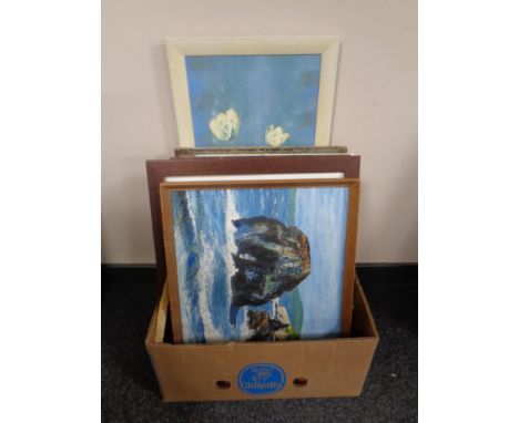 A box of 20th century pictures and prints including oil on board seascape, embossed brass panel depicting figures in a tavern