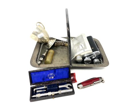 A silver plated swing handled basket together with silver plated cup, three hip flasks, two precision tools, pocket knife, br