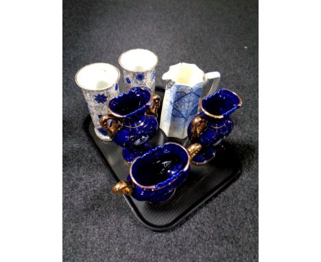 A tray containing Italian blue and gilt three piece mantel garniture set, pair of blue and gilt sleeve vases and a Burslem ju