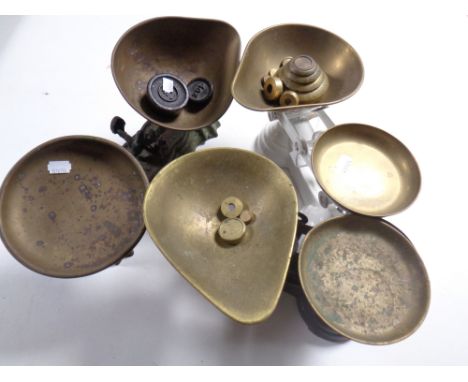 Three sets of antique kitchen scales with weights 