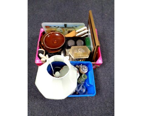 Two boxes containing contemporary mantel clock, wall clock, knife block, German pottery stein, table lamp, pictures and print