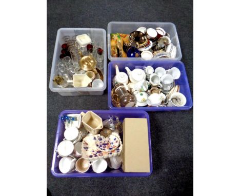 Four boxes containing a quantity of 20th century pottery and porcelain, tea china, oil lamp base, stoneware flagon, glasses e