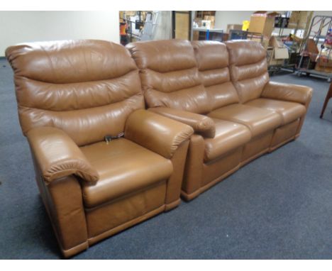 A contemporary G-Plan brown leather three seater manual reclining settee together with matching electric reclining armchair w