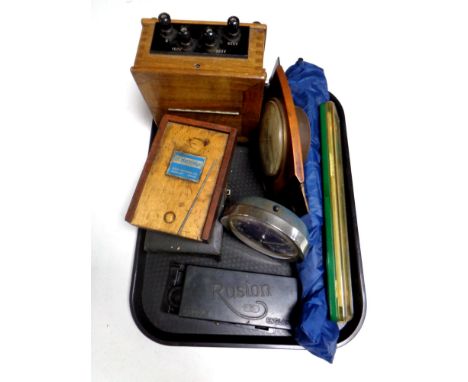 A tray containing teak cased Metamec mantel clock, vintage rule, cased instruments, volt meter etc 