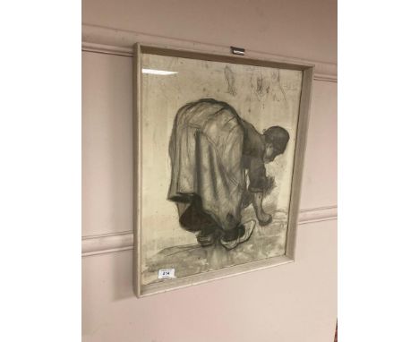 Monochrome print depicting a lady wearing clogs, 41 x 49 cm