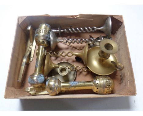 A box containing a pair of brass wall lights, pair of brass candlesticks, brass chamber stick etc  