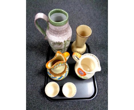 A tray containing Myott and Sons Art Deco vase, ivory jug and pair of beakers, Denby pottery vase etc  