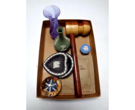 A box containing wooden gavel, Wills cigarette card album, paperweight, four pieces of Wedgwood Jasperware etc  