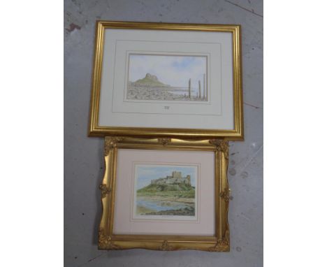 A gilt framed print after James Slater, Lindisfarne, together with a further print depicting Bamburgh Castle  